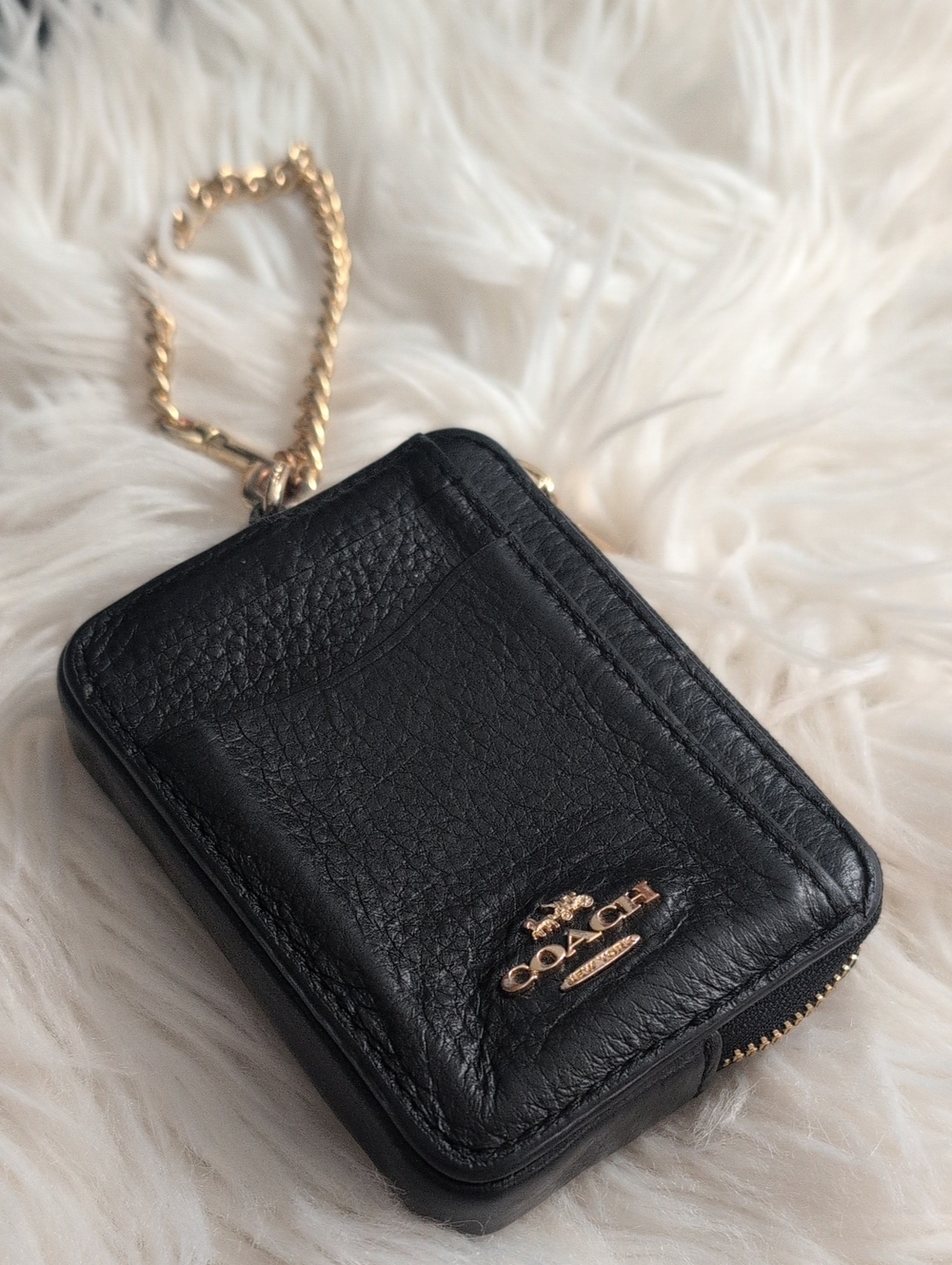COACH Black Leather Zip Card Case with Gold Chain